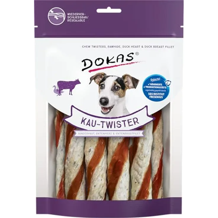 DOKAS Kau-Twister, Getreidefreier Premium Hundesnack mit Rinderhaut, Entenherz & Entenbrustfilet, 200g