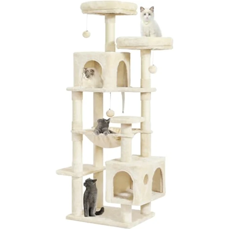 MSmask Kratzbaum groß, L Katzenbaum Stabil, Katzenkratzbaum mit 2 Plattformen, 2 Katzenhöhlen, Hängematte, Sisalsäulen, mehrstöckiger Kletterbaum für Katzen (Beige, 160 cm) – Bild 2