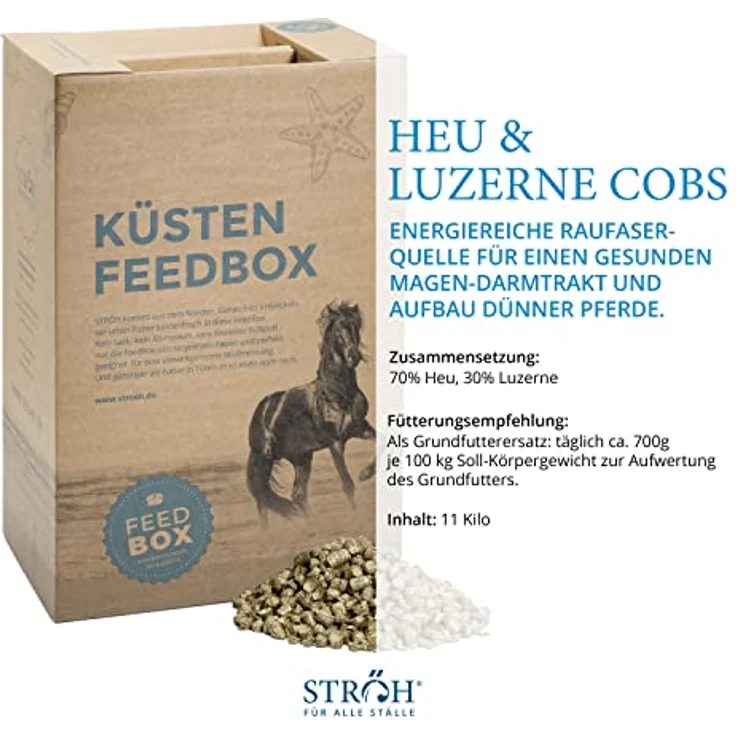 STRÖH Küsten-Heu-Luzerne-Cobs, 30kg Feedbox, Raufutter Snack aus 100% Natur mit essentiellen Aminosäuren, ideal für Pferde mit besonderen Ernährungsbedürfnissen – Bild 2