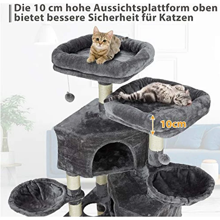 MSmask Stabiler Kratzbaum, Katzenbaum für große Katzen mit 2 Plattformen und großer Höhle, hellgrau, Sisalstämme, aus FSC-zertifiziertem Holz – Bild 4