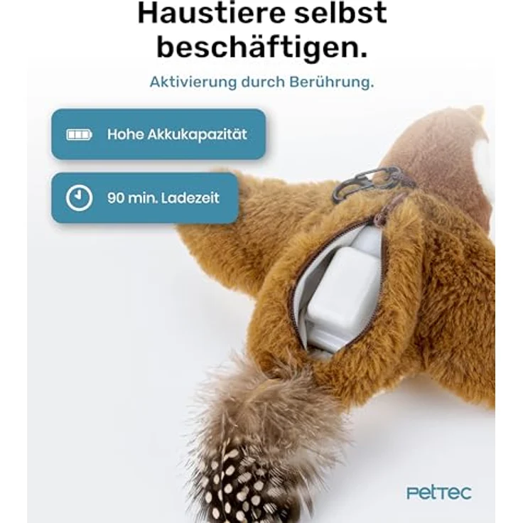 PetTec interaktives Plüschtier für Katzen - Spatz, mit Bewegung und Zwitschern, aktiviert den Jagdinstinkt – Bild 3