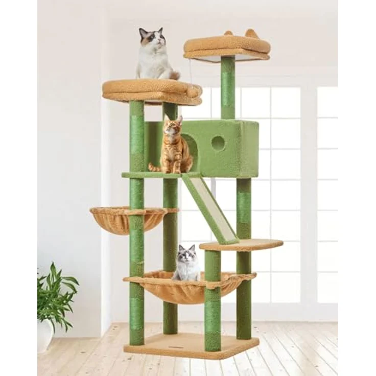 Taoqimiao 146CM Kratzbaum Groß, stabiler Katzenbaum mit 2 Katzenhäusern, Metallhängematte, 8 Kratzsäulen und Katzenkratztafel, Grün MSC026 – Bild 1