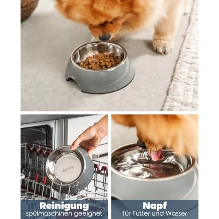 lionto Futternapf aus Melamin, 210 ml Edelstahl-Einsatz, Anti-Rutsch Boden, ergonomisches Design für Hunde & Katzen, grau – Bild 3