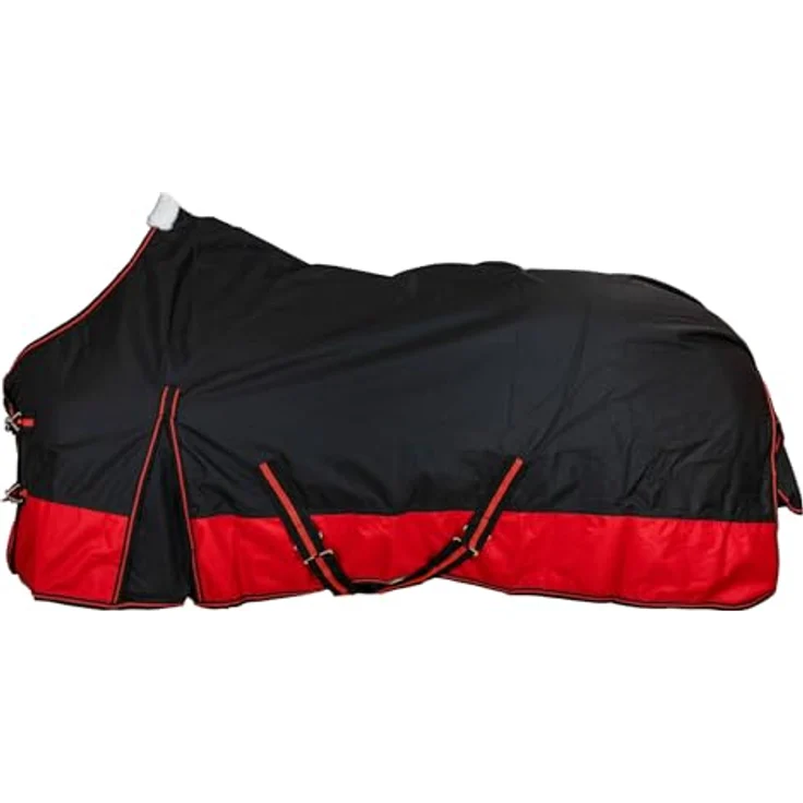 RL24 Winterdecke Weidedecke 600D Basicline, atmungsaktive Wind- & wasserdichte Outdoordecke mit Innenfutter & Kreuzbegurtung, Pferdedecke Schwarz/Rot, 85cm (200g/m² Füllung) – Bild 2