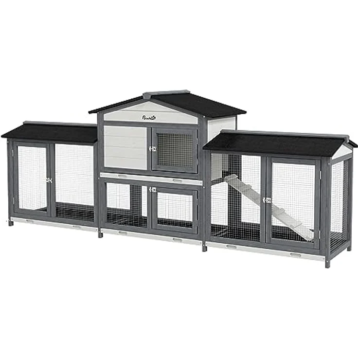 PawHut Hasenstall 2 Etagen, Kaninchenstall aus Holz 230 x 53 x 93,5 cm mit Rampe, Freilaufgehege, ausziehbaren Bodenwannen und Bitumendach, hellgrau – Bild 1