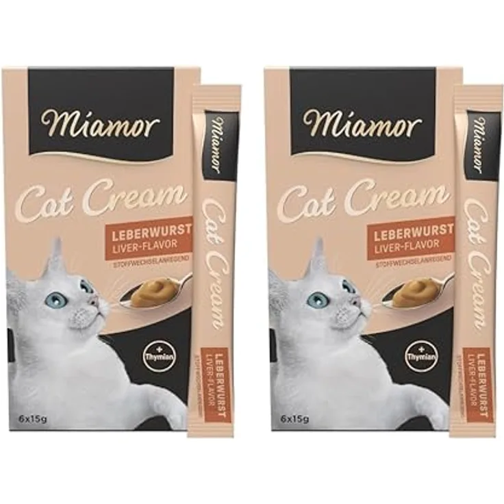 Miamor Cat Cream Leberwurst, leckere Spezialcreme für Katzen mit Thymian, kalorienarm, ohne Zuckerzusatz, Doppelpack (2 Tafeln à 6x15g)