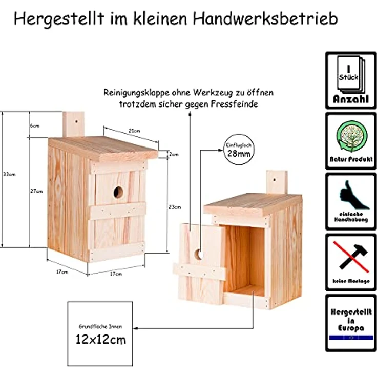1x Nistkasten für Meisen & Kleinvögel - Vogelhaus aus Massivholz - 27x17x17cm – Bild 7