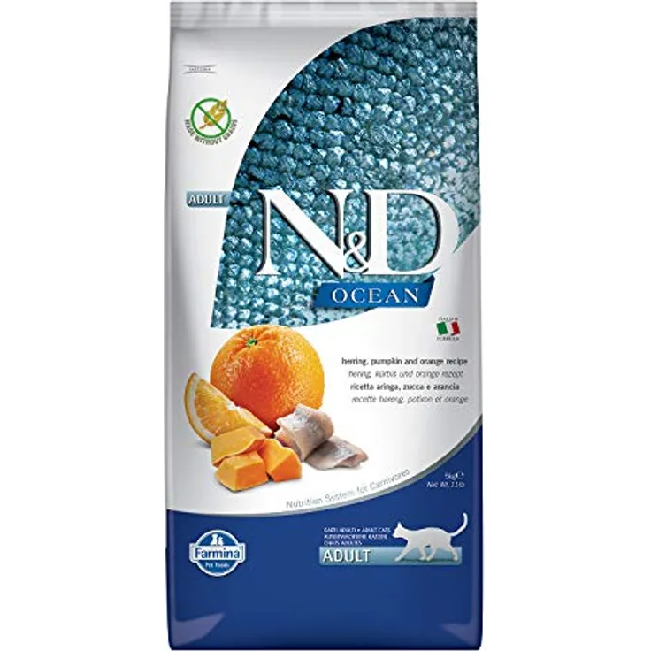 Farmina N&D Ocean Adult Pellets Katzenfutter, Trockenfutter mit Hering und Orange, hochwertig mit Vitaminen und natürlichen Antioxidantien, 5 kg, ohne Mais
