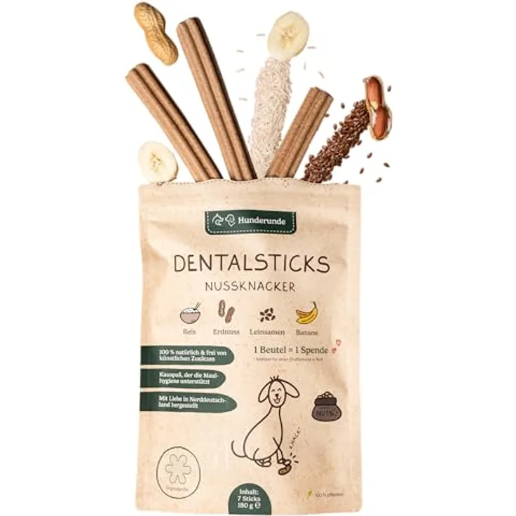 Hunderunde Dental Sticks Nussknacker, Kausnack für Hunde mit Erdnuss & Banane, 42 STK, getreidefrei & ohne tierische Proteine, zur Plaque- & Zahnsteinreduktion, vegane Zahnpflege