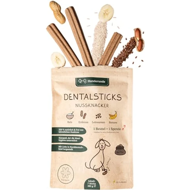 Hunderunde Dental Sticks Nussknacker, Kausnack für Hunde mit Erdnuss & Banane, 42 STK, getreidefrei & ohne tierische Proteine, zur Plaque- & Zahnsteinreduktion, vegane Zahnpflege – Bild 1