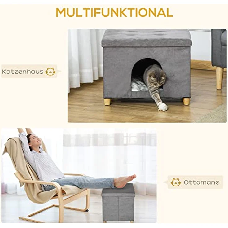 PawHut 2-IN-1 Katzenhaus Fußhocker mit Kissen, graue Katzenhöhle aus Holz, 60 x 45 x 44,5 cm – Bild 3