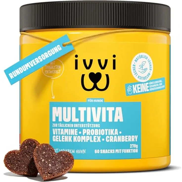 ivvi Multivitamin für Hunde als Leckerli – Probiotika, B Vitamine, Omega 3, Grünlippmuschel, Cranberry, 60 Snacks (270g) mit Hühnchen