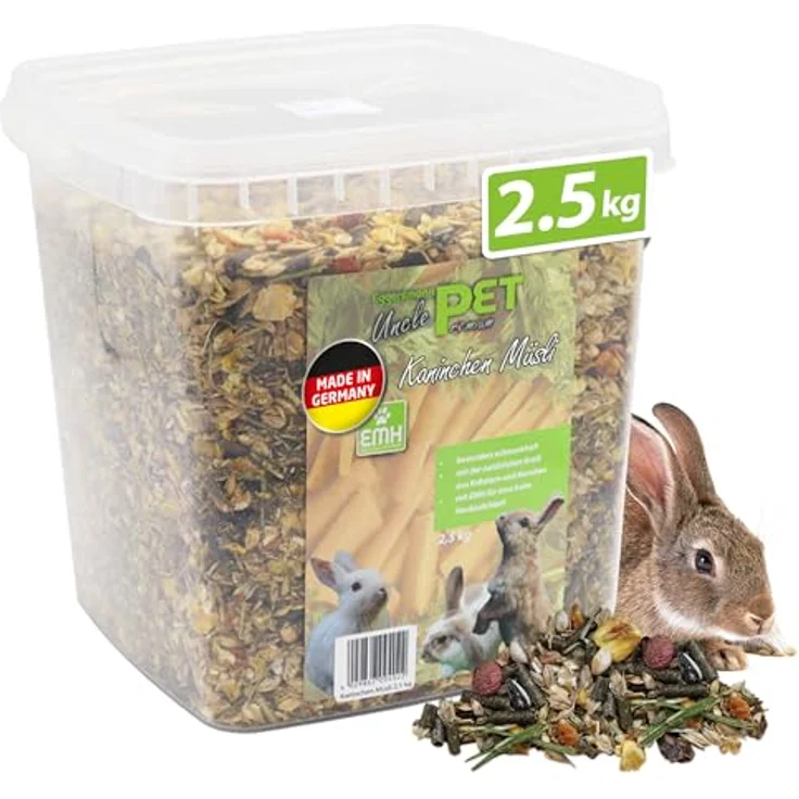 Eggersmann Uncle Pet Kaninchenfutter 2,5 kg - Premium Müsli mit Kräutern und Karotten, gut verdaulich im wiederverschließbaren Eimer – Bild 1