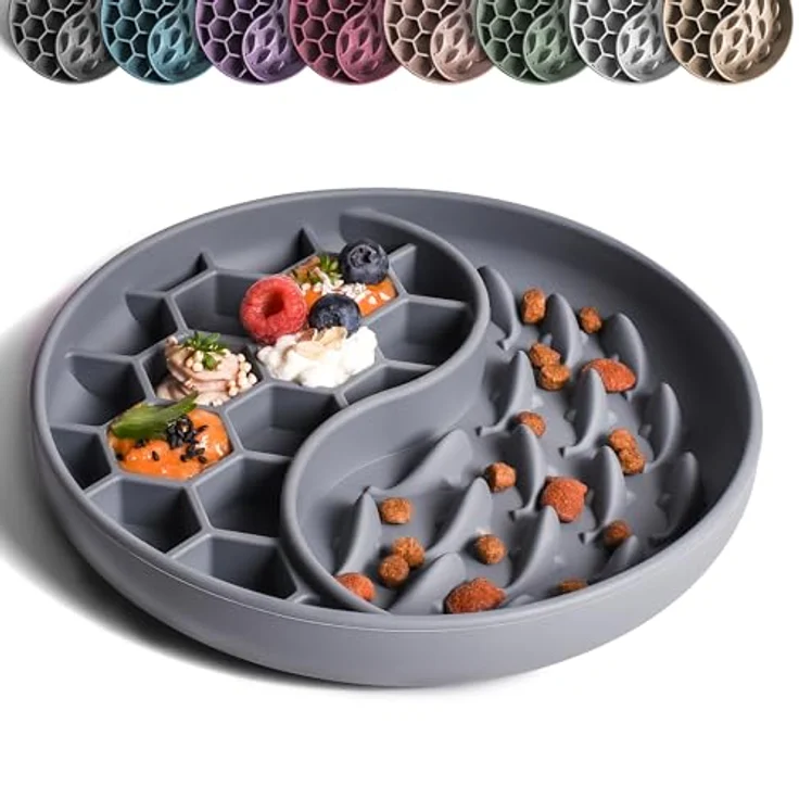 ne&no® Anti Schling Napf für Hunde und Katzen, Slow Feeder mit großem Saugnapf, Leckmatte für Nass- und Trockenfutter, grau-blau – Bild 1