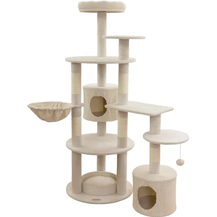 KERBL Kratzbaum Annika, 164 cm hoch, beige, mit Sisal umwickelt, inkl. gepolsterten Liegebetten und Höhlen für Katzen – Bild 1