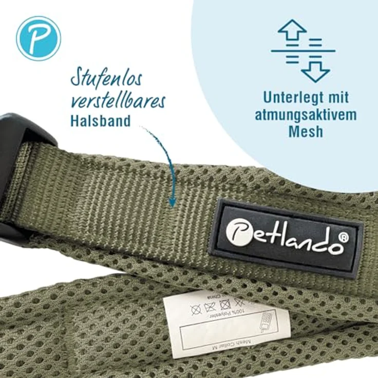 Petlando Mesh Hundehalsband XXS 30-35cm, leicht, atmungsaktiv, weich gepolstert, stufenlos verstellbar, robust in Olive – Bild 2