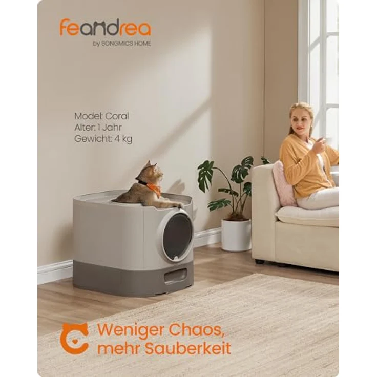Feandrea Katzenklo XXL, Katzentoilette mit Deckel und ausziehbarem Tablett, haferflockenfarben-warmgrau, für verschiedene Katzengrößen, weniger Schmutz, inklusive Schaufel und Bürste – Bild 2