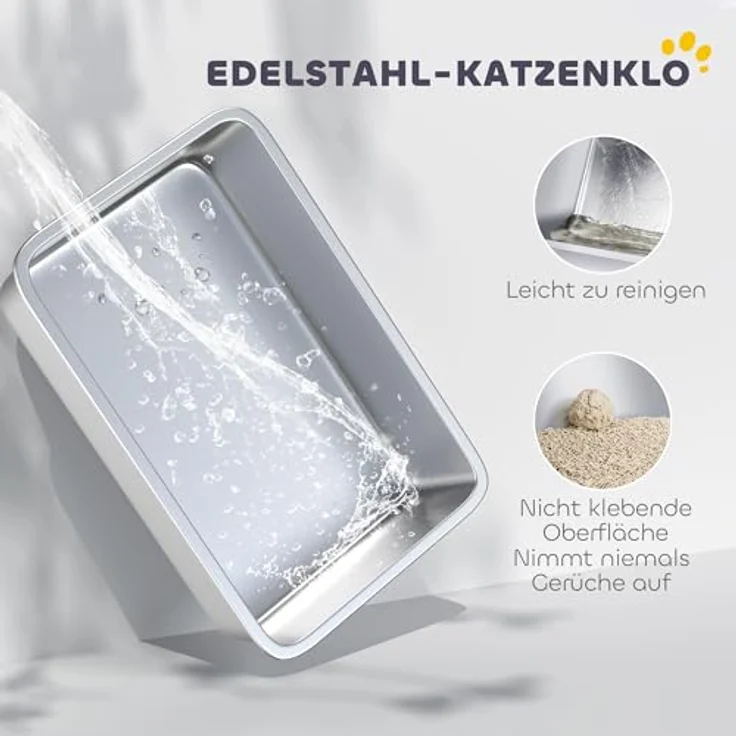 PawHut Katzentoilette Edelstahl Offene Katzenklo mit Schaufel, hohe Wände und Matte, für große Katzen bis 7 kg, 60,2 x 40,2 x 29,5 cm, Grau – Bild 3