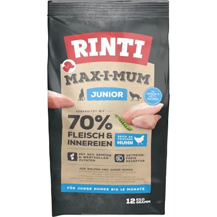 Rinti MAX-I-MUM Junior Huhn, getreidefreies Hunde-Trockenfutter für Welpen bis 12 Monate, 12kg