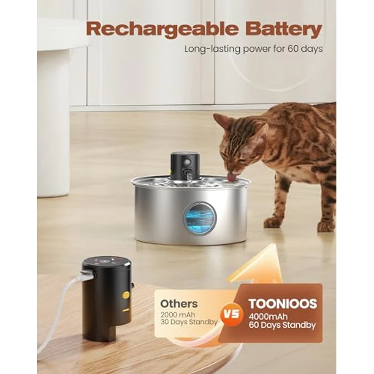 TOONIOOS Katzenbrunnen Kabellos Edelstahl, Trinkbrunnen mit 4000mAh Akku, 3.2L, Bewegungsmelder & leiser Betrieb – Bild 4