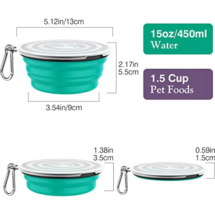 Pawaboo Faltbarer Hundenapf, 2 Stück, 450ml, tragbar, auslaufsicher mit Deckel und Karabiner für Hunde und Katzen, Türkis + Lila – Bild 4