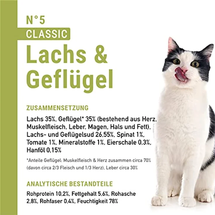 catz finefood N° 5 Lachs & Geflügel Feinkost Katzenfutter nass, 36% Lachs, 35% Geflügel, mit Spinat & Tomate, 8 x 85g Beutel – Bild 3