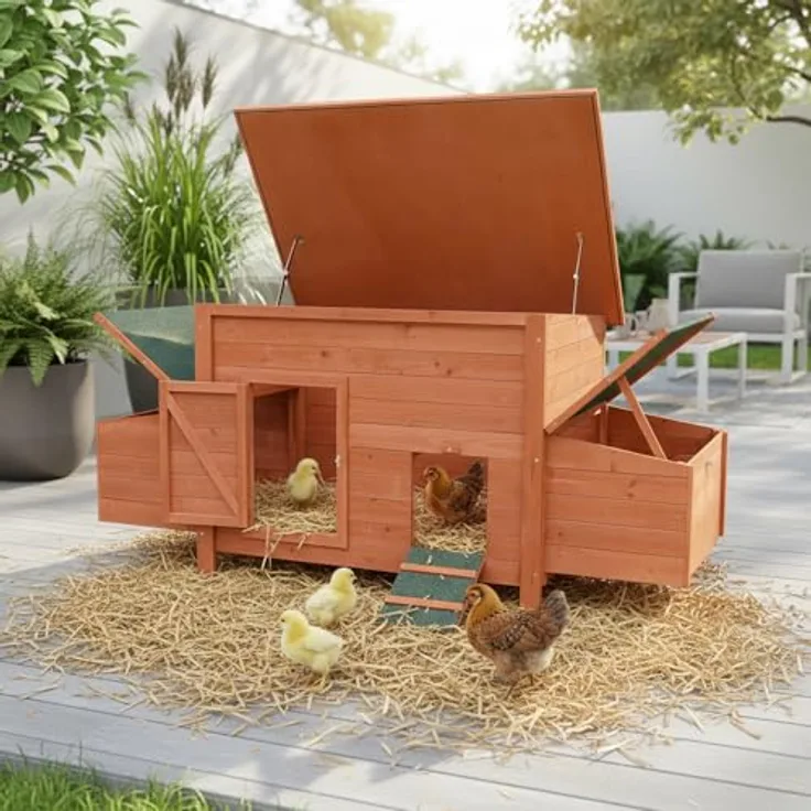 Mucola Hühnerstall 179x75x80 cm, Holz Natur – wetterfestes Hühnerhaus mit 2 Eiablagen, Legenest und Reinigungsschublade für 6-8 Hühner