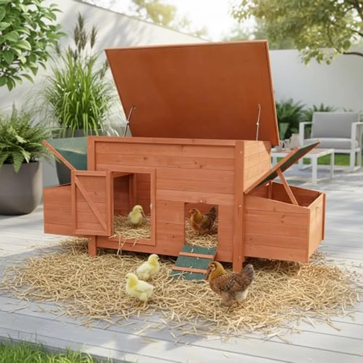 Mucola Hühnerstall 179x75x80 cm, Holz Natur – wetterfestes Hühnerhaus mit 2 Eiablagen, Legenest und Reinigungsschublade für 6-8 Hühner – Bild 1