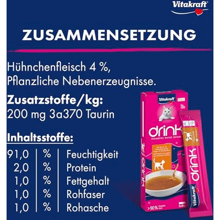 Vitakraft Drink, Katzen Leckerli flüssig mit Huhn, fördert ausgewogene Flüssigkeitsaufnahme, in 5x30g Sachets, ohne Zuckerzusatz – Bild 4
