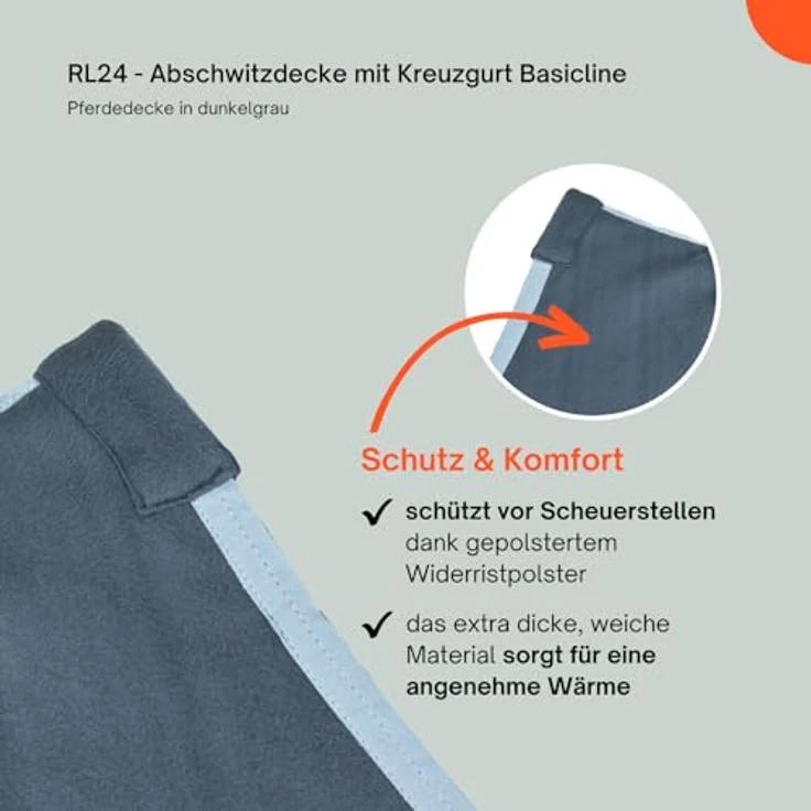 RL24 Abschwitzdecke BASICLINE, atmungsaktive Decke mit Kreuzgurt, dunkelgrau, 65cm, doppelseitiger Fleece – Bild 5