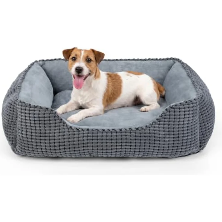 JOEJOY Hundebett M, Waschbarer Hundekorb mit erhöhtem Rand und rutschfester Unterseite, 63x53x20cm, Kord & Flanell – Bild 1
