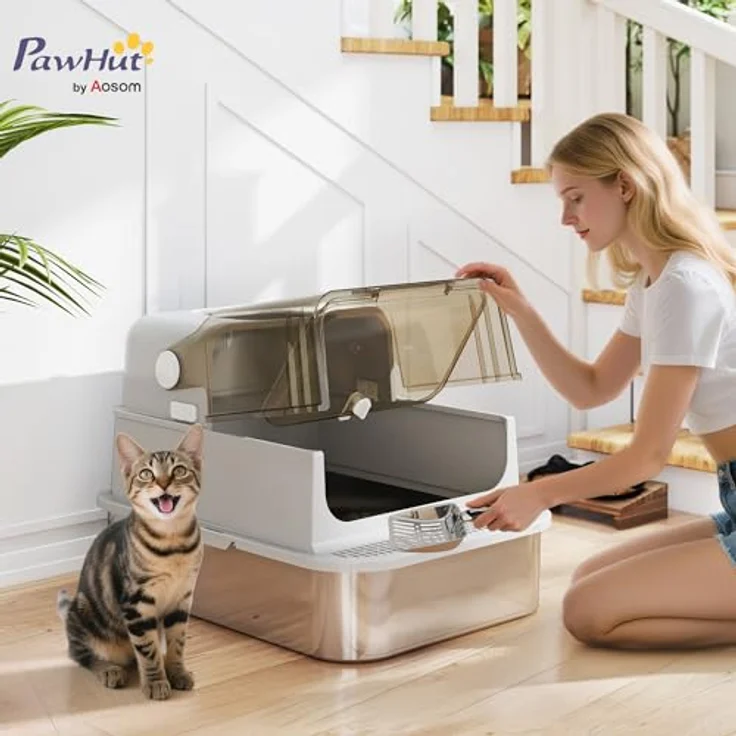 PawHut XXL Katzenklo Edelstahl mit Deckel, Doppeltüren, ausziehbarem Tablett, geruchsresistent, für große Katzen bis 12 kg, 70x50x46,5cm, Grau – Bild 2