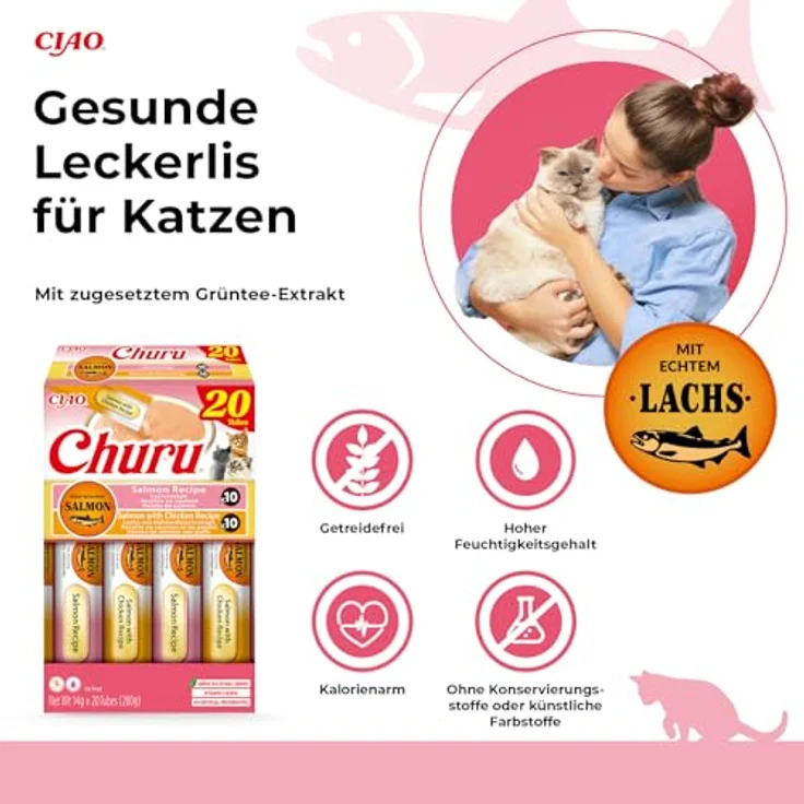 INABA Churu Salmon Katzenleckerlis, Cremiges Püree aus Lachs & Huhn, Ohne Getreide & Zucker, Variety Pack 20 × 14 g, Hoher Feuchtigkeitsgehalt – Bild 4