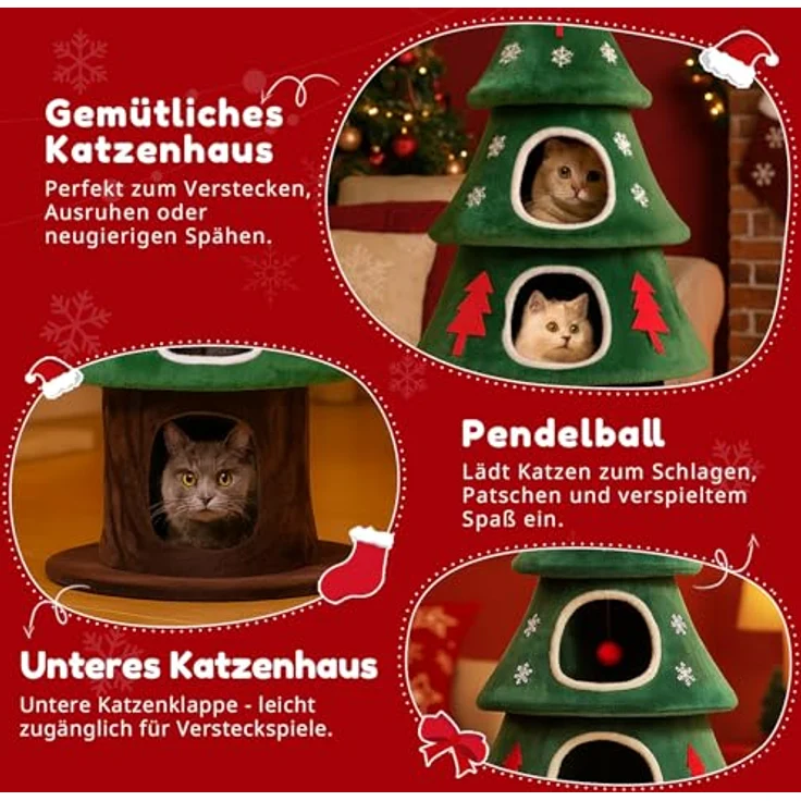 COMHOMA Kratzbaum im Weihnachtsbaum-Design, 135 cm hoch, mehrstöckiger Katzenbaum mit Katzenhaus und Sisal-Kratzsäulen, inklusive Spielball, stabil und katzenfreundlich – Bild 4