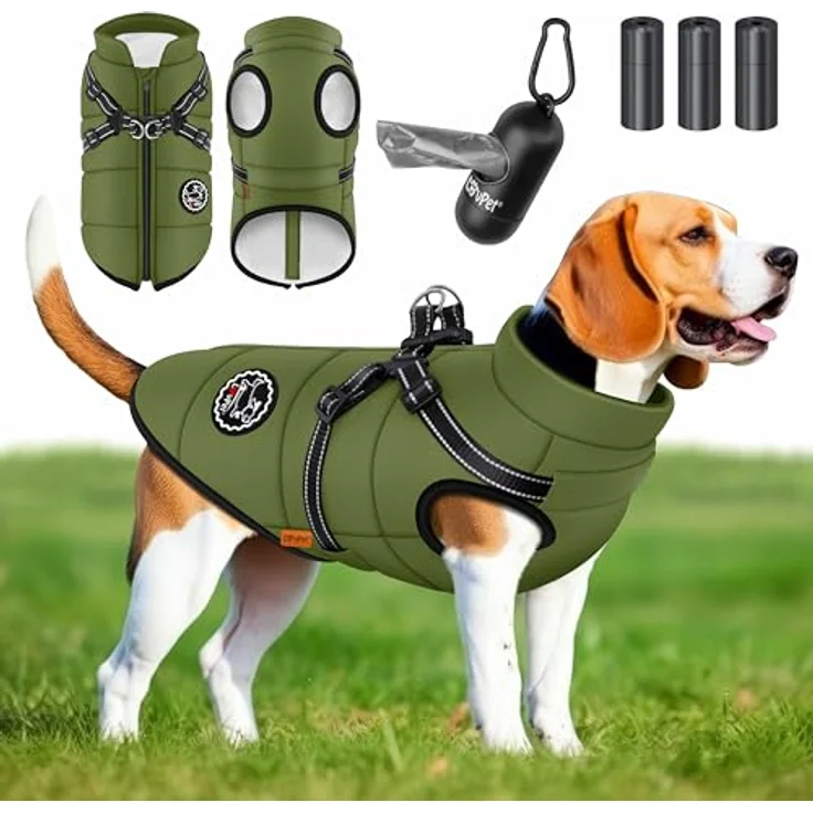 Lovpet LOVPET® Hundejacke mit Geschirr, gefütterte wasserdichte Winterweste in Khaki, inkl. 45 Kotbeutel und Spender, 5XL, gepolstert mit Reflektoren und D-Ring – Bild 1