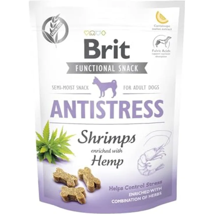 Brit Care BRIT Dog Functional Snack Antistress Gamba, 150 g - Stressreduzierende Hundesnacks, halbfeucht, mit Kräutern, reißverschlussverpackt