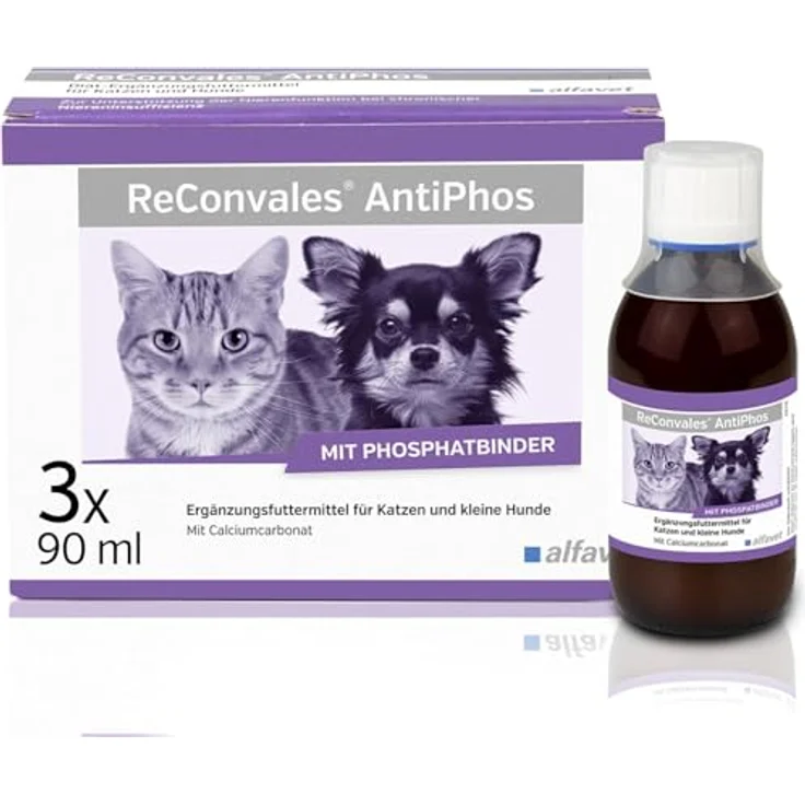 Alfavet ReConvales AntiPhos, Ergänzungsfuttermittel für Katzen und kleine Hunde, 3 x 90 ml, mit Phosphatbinder und Calciumcarbonat zur Nierenunterstützung – Bild 1