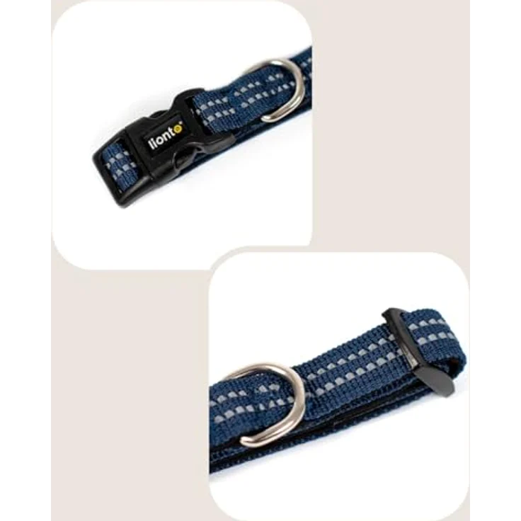 lionto Hundehalsband aus strapazierfähigem Nylon, Größe XS, gepolstert, 360° reflektierend, Klickverschluss, blauer Metallring, verstellbar durch stufenlosen Schieber – Bild 3