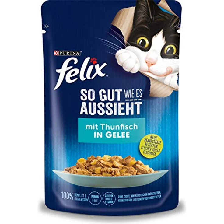 Felix Katzennassfutter So gut wie es aussieht in Gelee mit Thunfisch, 100% komplett und ausgewogen, 24x 85 g Portionsbeutel, ohne künstliche Farbstoffe und Aromen – Bild 1