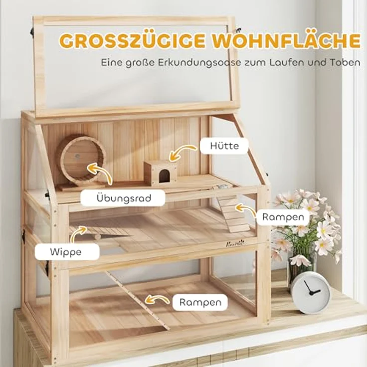 PawHut Hamsterkäfig aus Holz 3 Etagen, 80 x 50 x 76 cm, mit Wippe, Laufrad und tiefem Untergeschoss für Zwerghamster, Naturholz – Bild 3