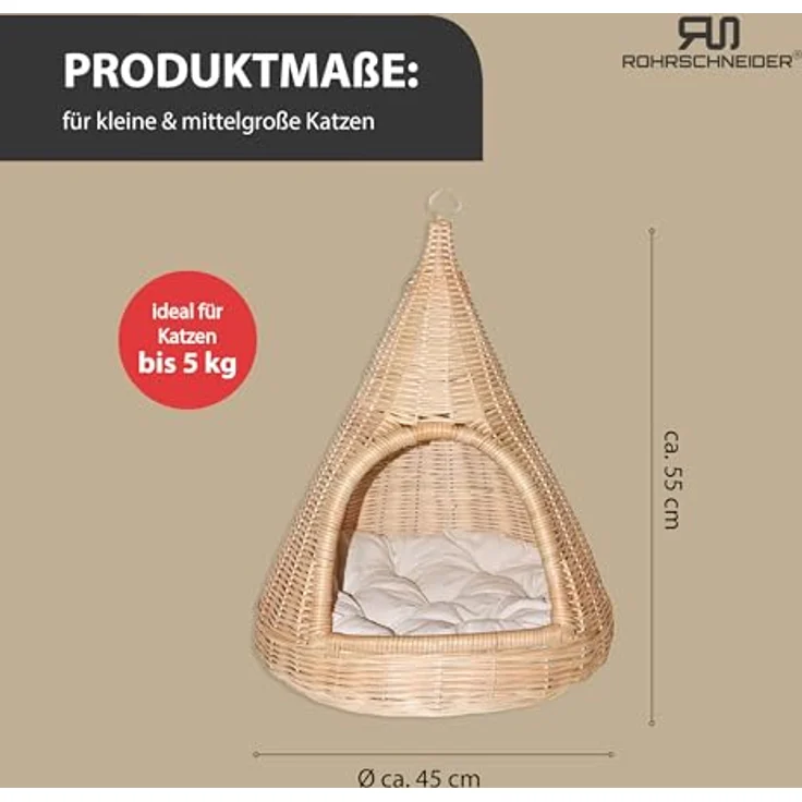 Rohrschneider Hänge-Katzenkorb Sammy | Handgeflochtenes Rattan Katzenbett mit waschbarem Kissen | Zum Hängen und Hinstellen | 45 x 45 x H 55 cm | Natur-beige – Bild 3