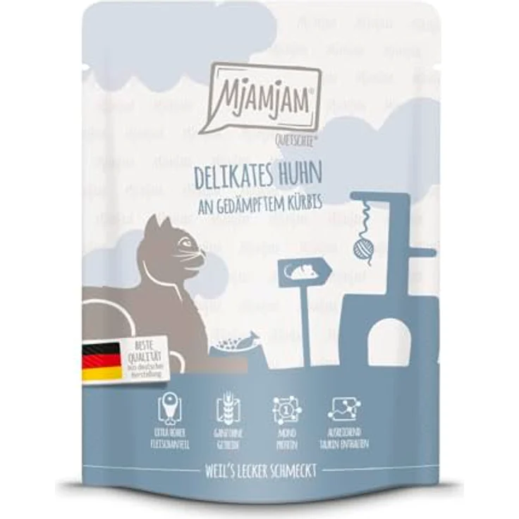 MjAMjAM Premium Nassfutter für Katzen - Quetschie - getreidefreies Huhn mit gedämpftem Kürbis, 300g, extra hoher Fleischanteil – Bild 1
