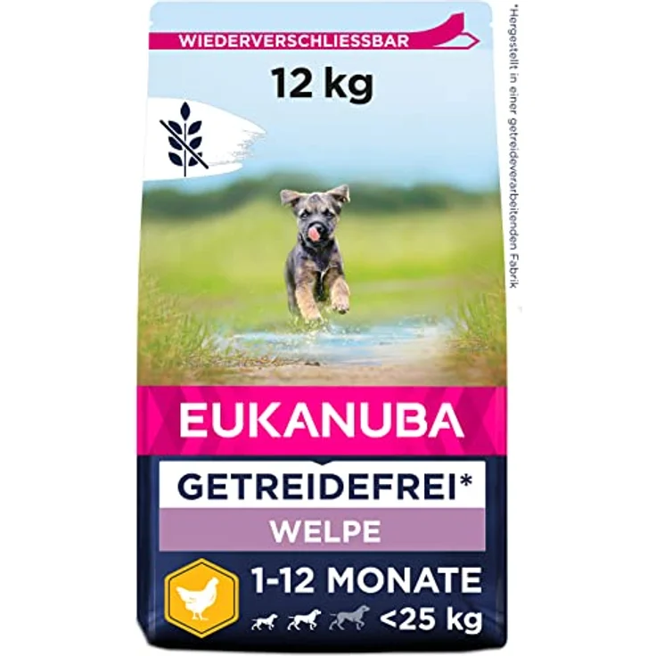 Eukanuba Welpenfutter getreidefrei mit Huhn, Trockenfutter für kleine und mittelgroße Rassen, 12 kg - ohne Getreide, reich an frischem Huhn, unterstützt Wachstums- und Lernfähigkeit – Bild 1