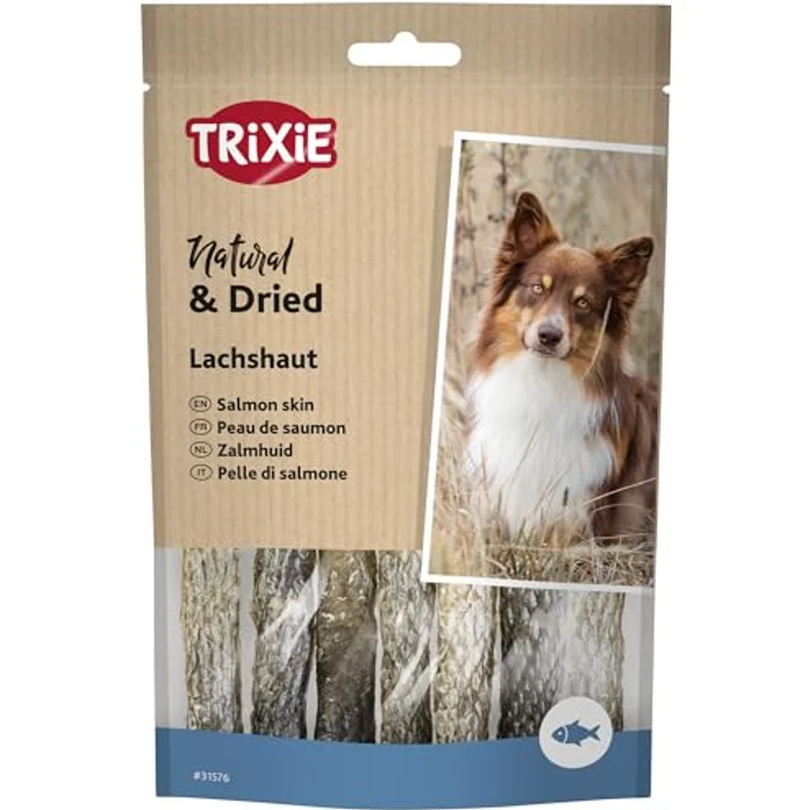 TRIXIE Lachshaut Hundesnack, gerollt, 12,5 cm, 100% natürliche Monoprotein-Quelle, reich an Omega-3 und Omega-6 Fettsäuren, für Allergiker geeignet, 70 g, 31576 – Bild 1