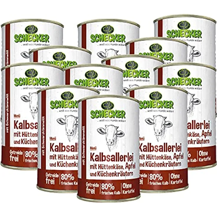 Schecker Hundemenü vom Kalb mit Hüttenkäse, Apfel und Kräutern - getreidefrei, mit Schwarzkümmelöl, 12 x 410 g