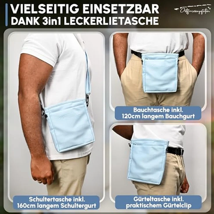 Ostfriesenpfoten® Leckerlibeutel 'Frieda', Hunde-Futterbeutel aus hochwertigem Kunstleder, Lavendelblau, Größe L, mit EasyOpen Einhandmagnetverschluss, zwei getrennten Leckerlibereichen, kotbeutelspender und Schultergurt. – Bild 5
