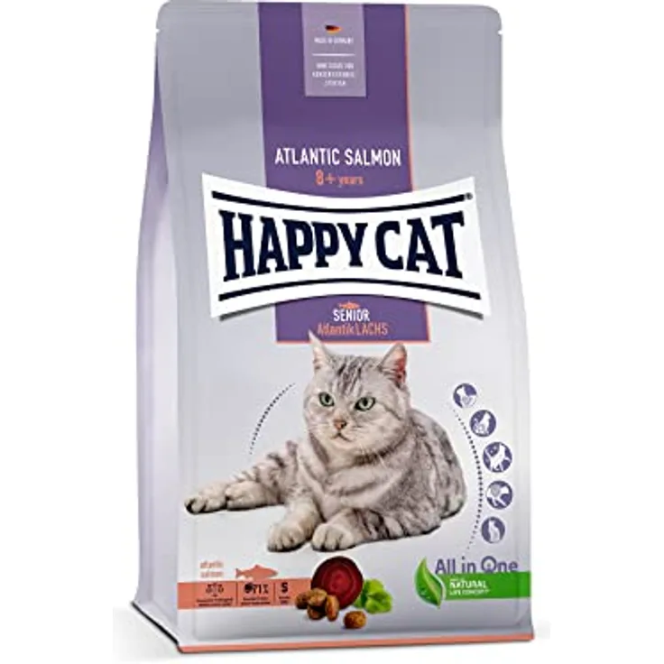Happy Cat 70610 Senior Atlantik Lachs, Katzen-Trockenfutter für Katzensenioren ab 8 Jahren, 300 g, leicht verdauliche Rezeptur ohne künstliche Zusatzstoffe