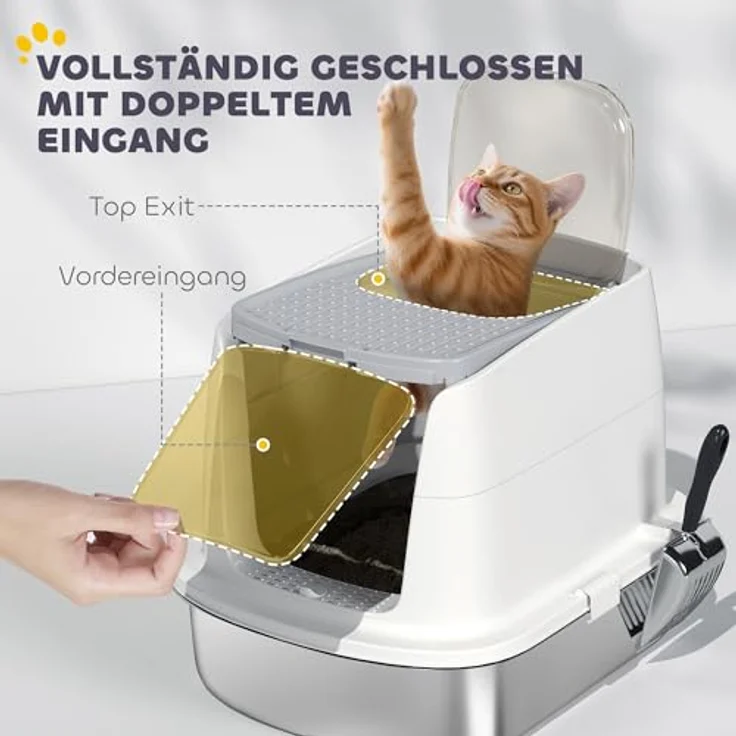 PawHut Edelstahl Katzenklo mit Deckel, XL Katzentoilette 52,4 x 41,3 x 39,8 cm für Katzen bis 5 kg, geruchsabweisend, weiß, inkl. Schaufel und Geruchsneutralisiererbeutel – Bild 4