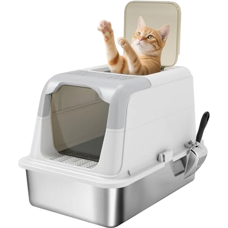 PawHut Edelstahl Katzentoilette mit Deckel, Doppelgänge-System, Deodorierungsbeutel, für Katzen bis 7 kg, 60,4 x 40,4 x 41,8 cm, Weiß – Bild 1