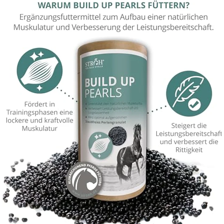 STRÖH Build Up Pearls, Pferdefutter für Muskelaufbau & Kondition, Aminosäuren-Komplex mit Vitaminen, 1,4 kg Feedbox Dose – Bild 3